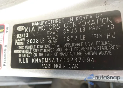 2013 Kia Rio Lx z USA, uszkodzony, nr VIN KNADM5A37D6237094